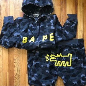 Bathing Ape x Keith Haring Dark Navy Grey Camo Camouflage Hoodie Sweatpants Set